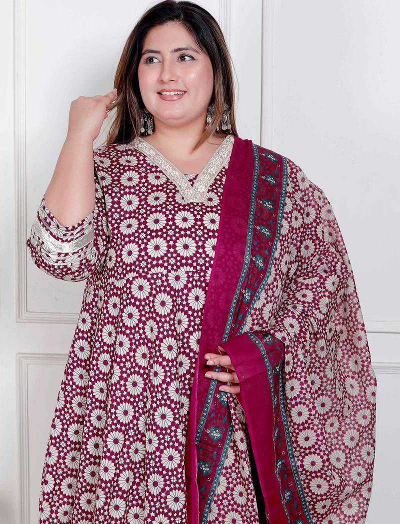 Doriyaan plus size women's cream embroidered cotton anarkali kurta and dupatta