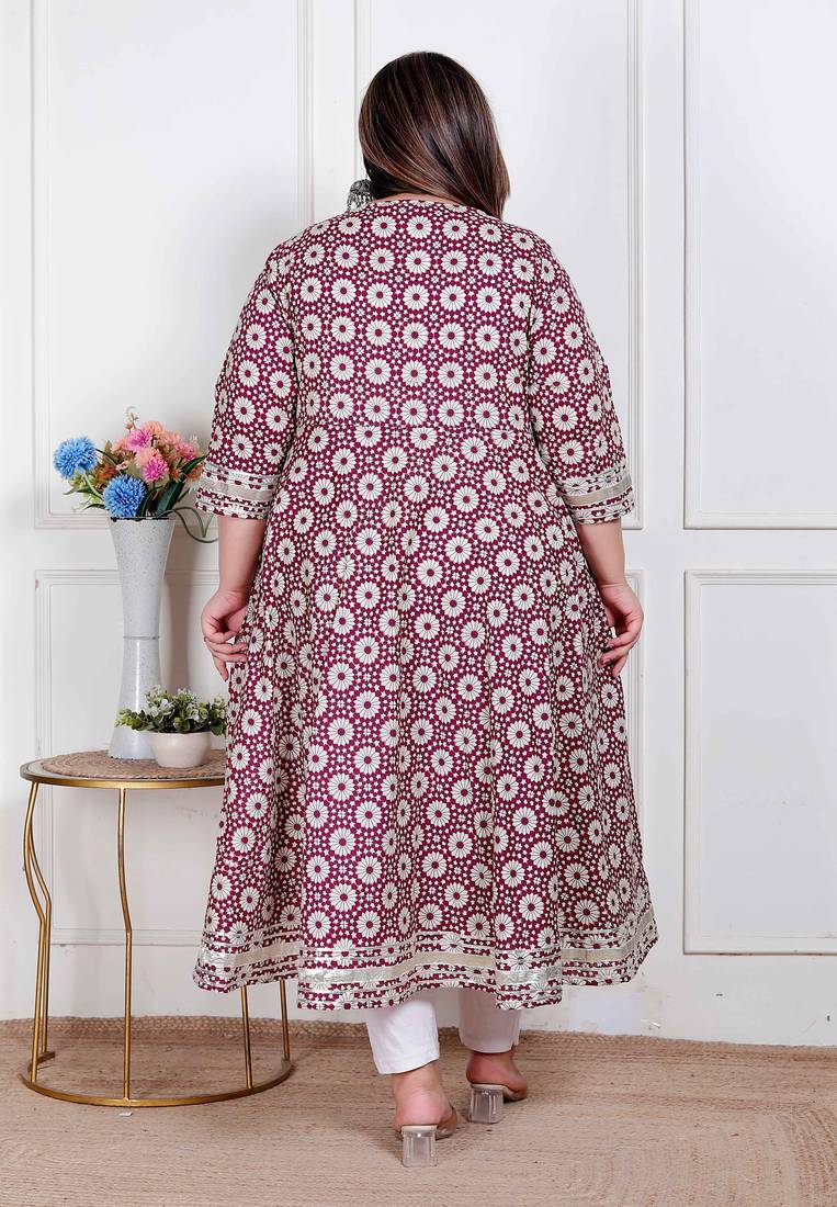 Doriyaan plus size women's cream embroidered cotton anarkali kurta and dupatta