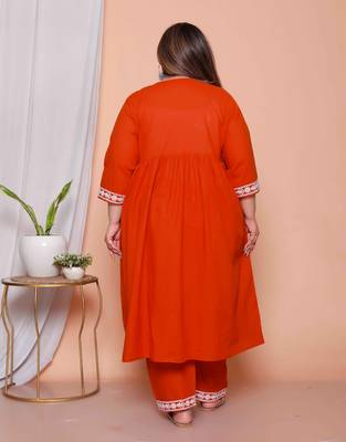  womens plus size floral embroidered rust straight cotton kurta & palazzo with dupatta set 4