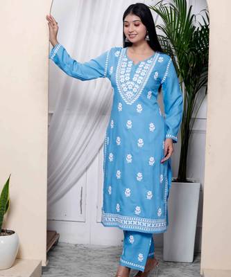 womens blue embroidered kurta with palazzo 2