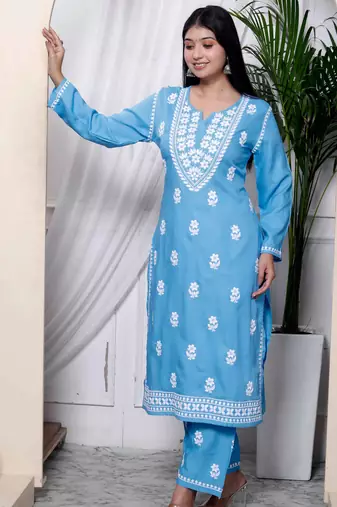  womens blue embroidered kurta with palazzo