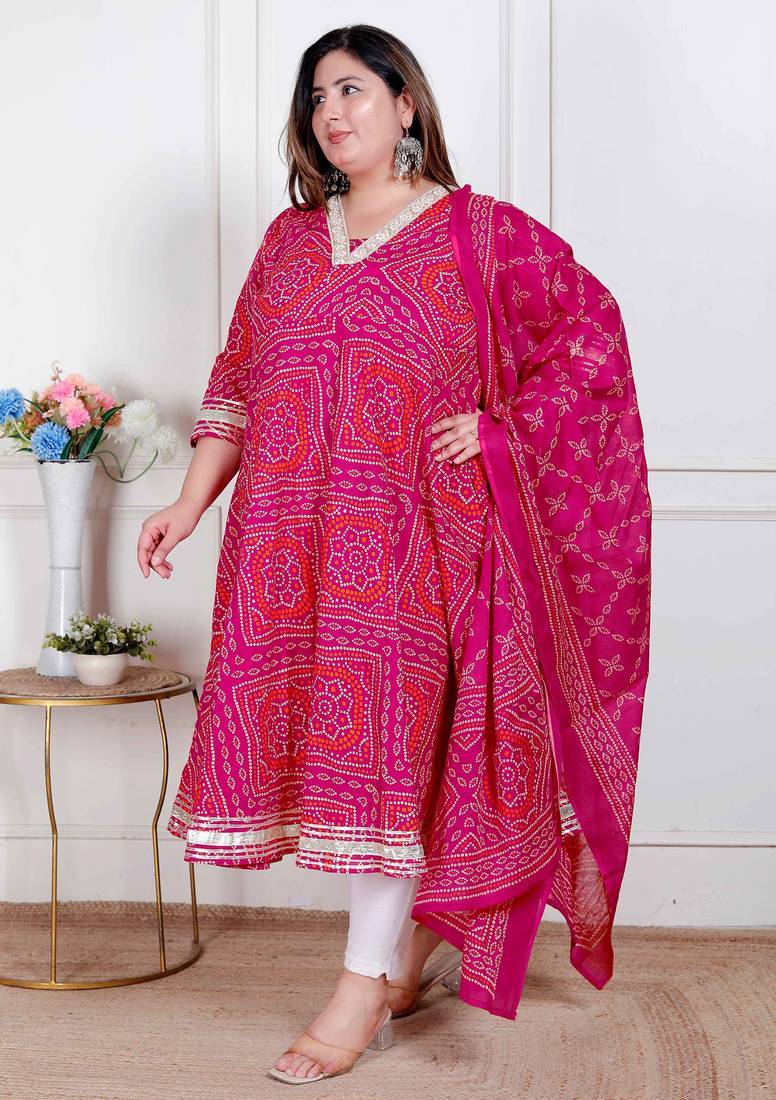 Doriyaan plus size women's bandhani ethnic anarkali kurta  and dupatta