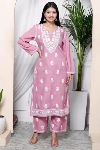  womens pink embroidered kurta with palazzo