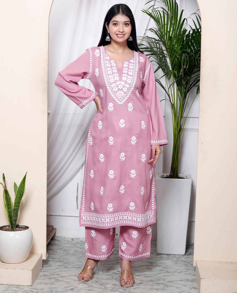  womens pink embroidered kurta with palazzo
