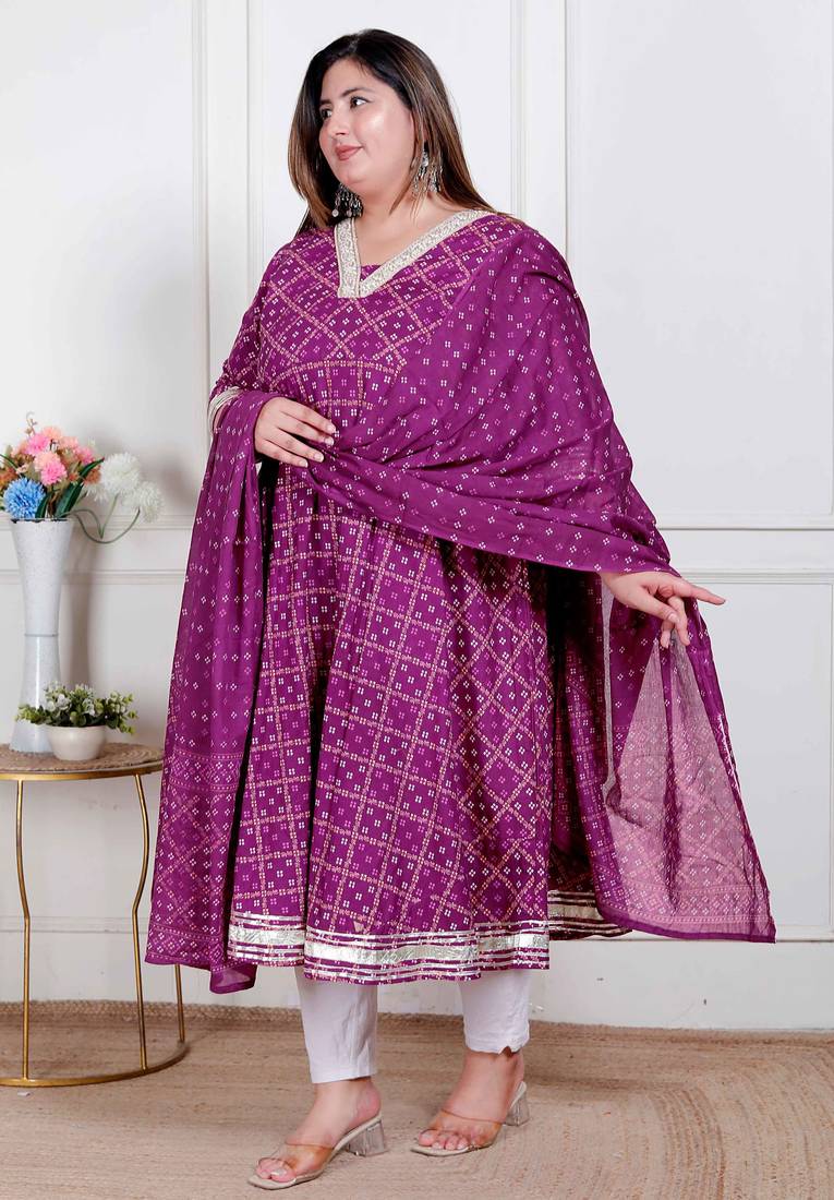 Doriyaan plus size women's bandhani embroidred ethnic anarkali kurta and dupatta