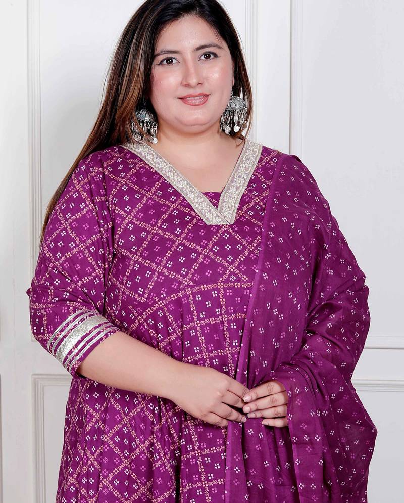 Doriyaan plus size women's bandhani embroidred ethnic anarkali kurta and dupatta