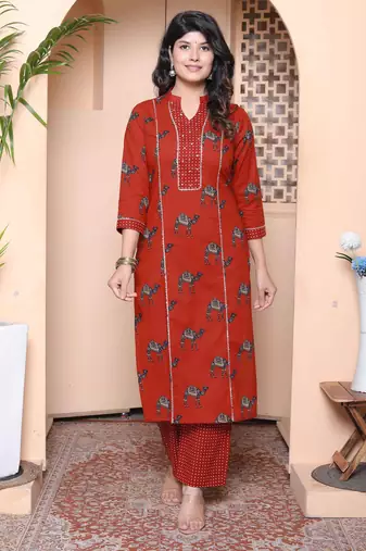  womens rust animal printed three quarter sleeves  pure cotton kurta with palazzo