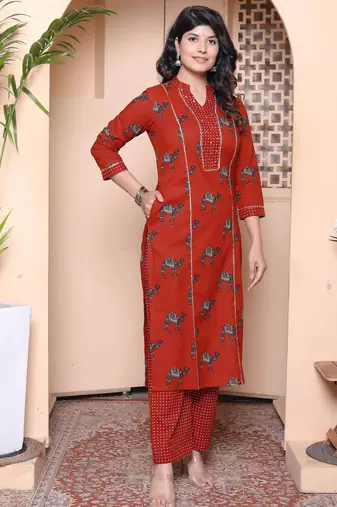  womens rust animal printed three quarter sleeves  pure cotton kurta with palazzo