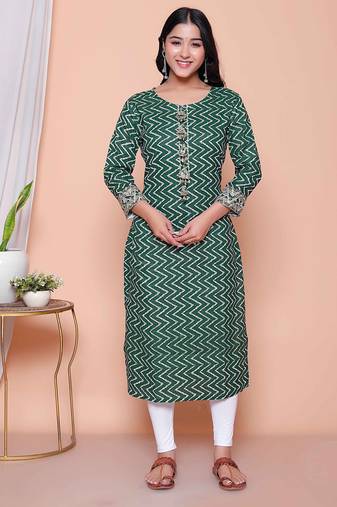 Doriyaan womens green zigzag  print embroidery rayon straight kurti