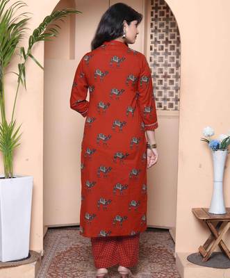  womens rust animal printed three quarter sleeves  pure cotton kurta with palazzo 3