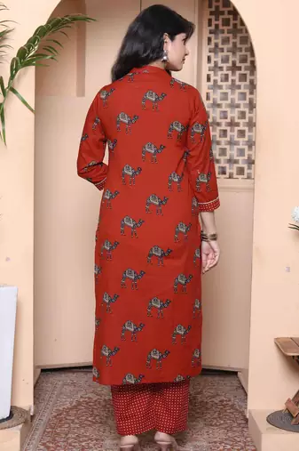  womens rust animal printed three quarter sleeves  pure cotton kurta with palazzo
