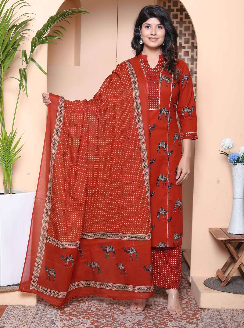  womens pure cotton animal printed straight kurta with palazzo & dupatta set