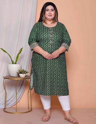 womens plus size green zigzag  print embroidery rayon straight kurti 1