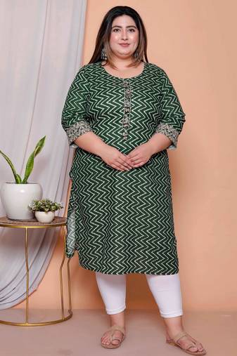 Doriyaan womens plus size green zigzag  print embroidery rayon straight kurti
