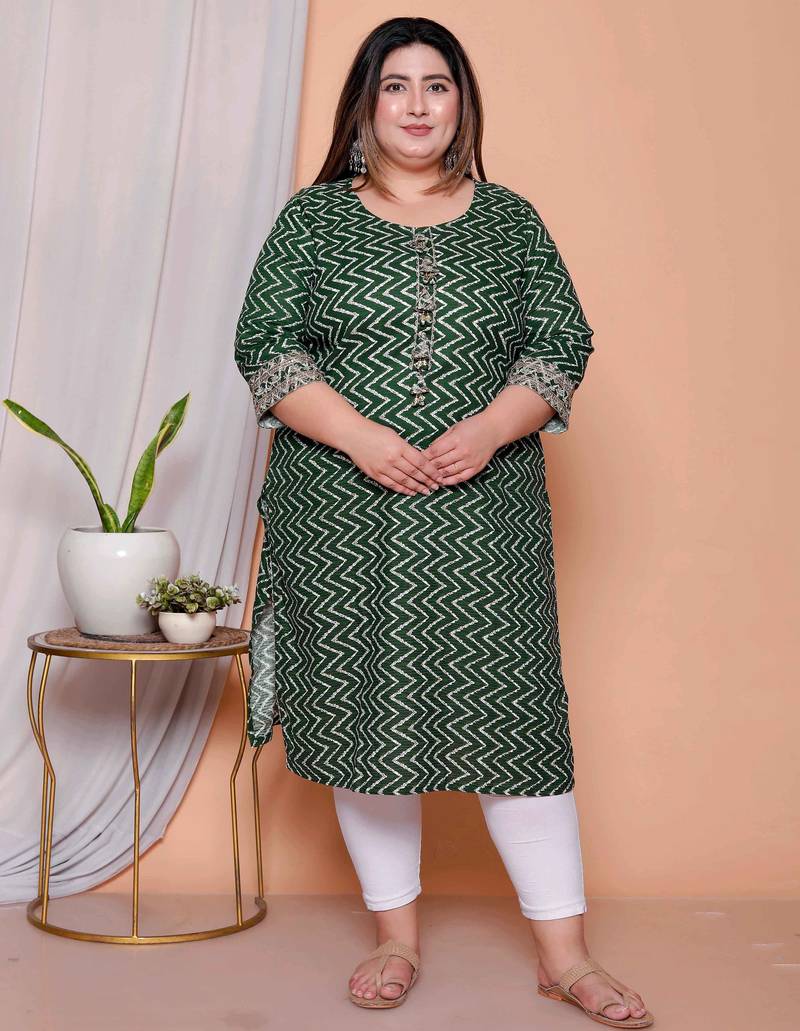 Doriyaan womens plus size green zigzag  print embroidery rayon straight kurti