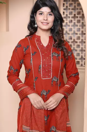  womens pure cotton animal printed straight kurta with palazzo & dupatta set
