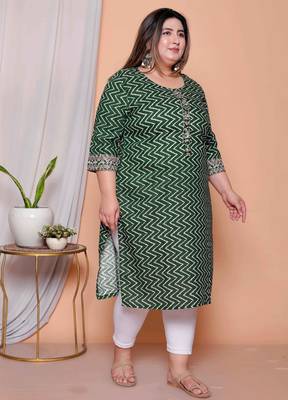 womens plus size green zigzag  print embroidery rayon straight kurti 3