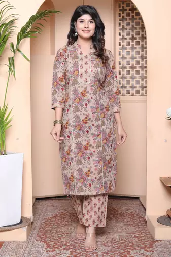  womens pure cotton straight floral printed kurta with palazzo-multicolor