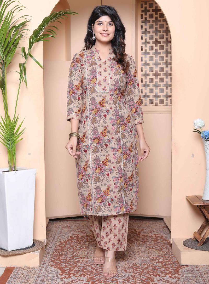  womens pure cotton straight floral printed kurta with palazzo-multicolor