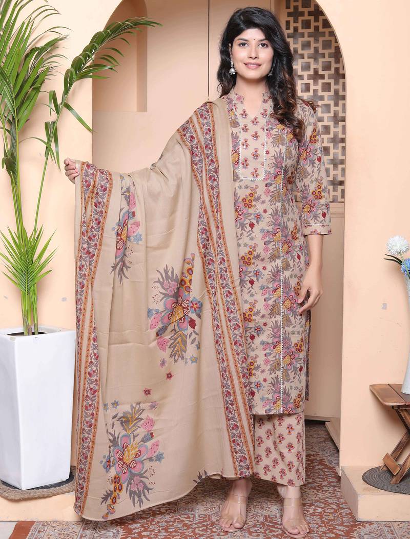  womens multicolor floral printed pure cotton kurta and palazzo with dupatta set