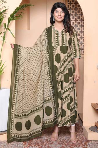 Doriyaan women's polka dot printed pure cotton anarkali kurta with dupatta