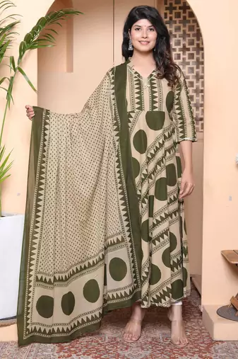 Doriyaan women's polka dot printed pure cotton anarkali kurta with dupatta