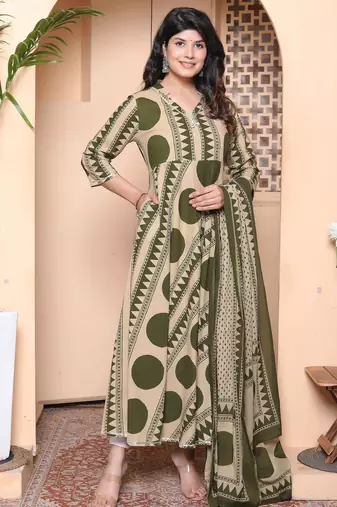 Doriyaan women's polka dot printed pure cotton anarkali kurta with dupatta