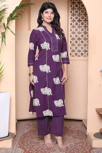  womens purple printed kurta with palazzo