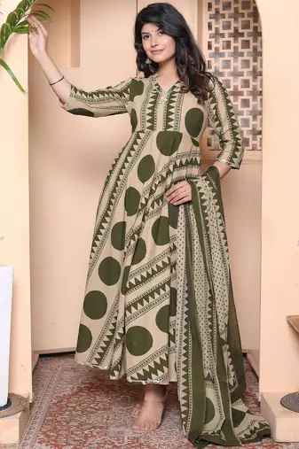 Doriyaan women's polka dot printed pure cotton anarkali kurta with dupatta