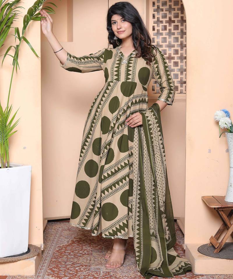 Doriyaan women's polka dot printed pure cotton anarkali kurta with dupatta