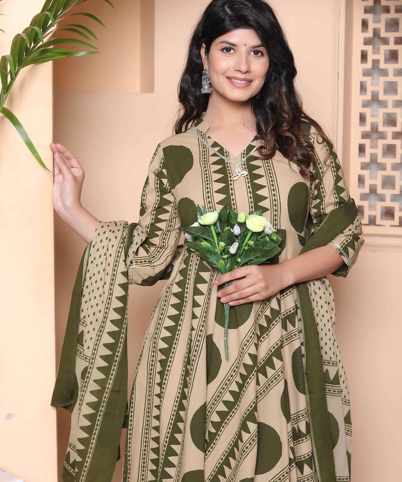 Doriyaan women's polka dot printed pure cotton anarkali kurta with dupatta