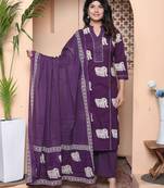 womens purple cotton animal print kurta with palazzo and dupatta