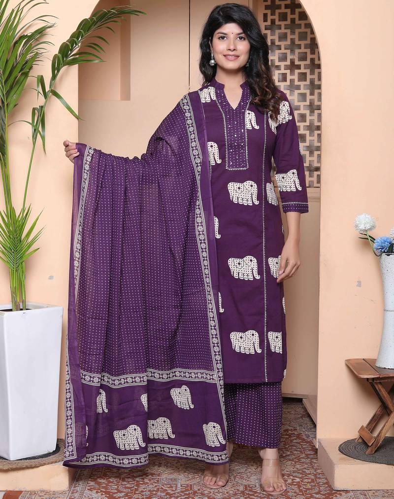  womens purple cotton animal print kurta with palazzo and dupatta