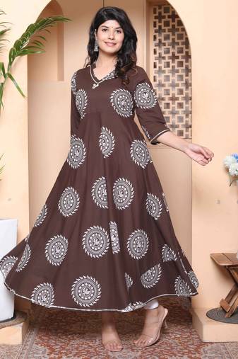 Doriyaan womens printed v-neck cotton anarkali kurta brown
