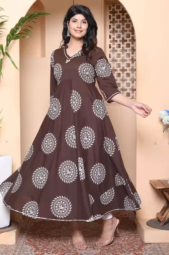 Doriyaan womens printed v-neck cotton anarkali kurta brown