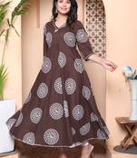 Doriyaan womens printed v-neck cotton anarkali kurta brown
