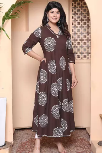 Doriyaan womens printed v-neck cotton anarkali kurta brown