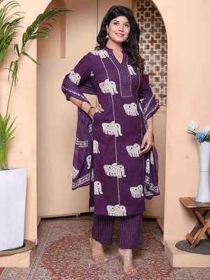  womens purple cotton animal print kurta with palazzo and dupatta 2