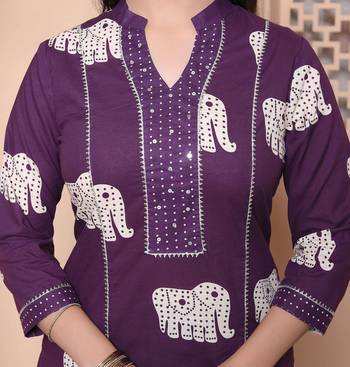  womens purple cotton animal print kurta with palazzo and dupatta 3