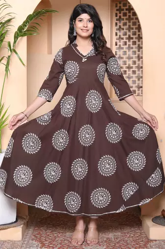 Doriyaan womens printed v-neck cotton anarkali kurta brown