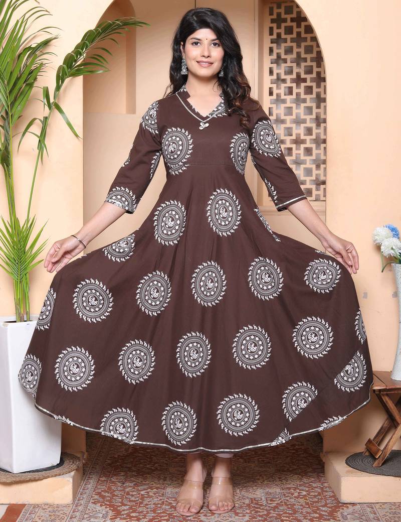 Doriyaan womens printed v-neck cotton anarkali kurta brown