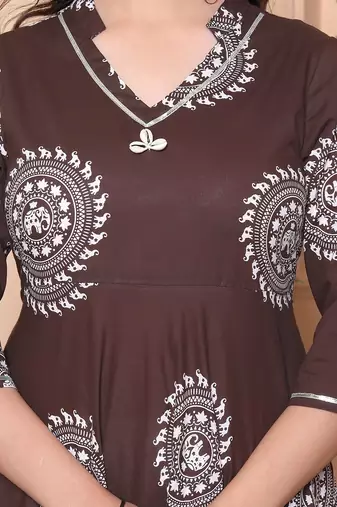 Doriyaan womens printed v-neck cotton anarkali kurta brown