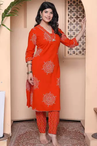  womens orange floral print straight kurta with palazzo