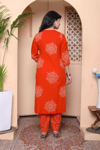  womens orange floral print straight kurta with palazzo