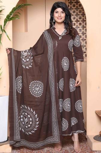 Doriyaan womens brown animal printed  anarkali kurta with dupatta set