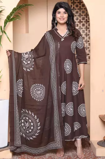 Doriyaan womens brown animal printed  anarkali kurta with dupatta set