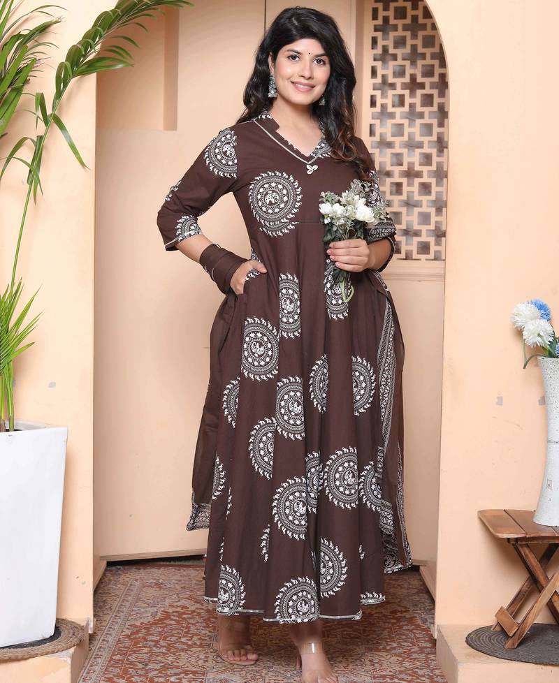 Doriyaan womens brown animal printed  anarkali kurta with dupatta set