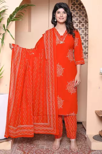  womens floral printed  straight fit kurta with palazzo and dupatta - orange