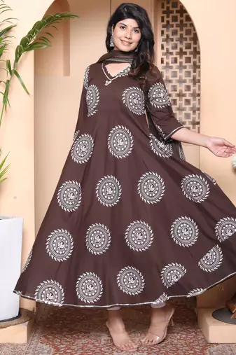Doriyaan womens brown animal printed  anarkali kurta with dupatta set