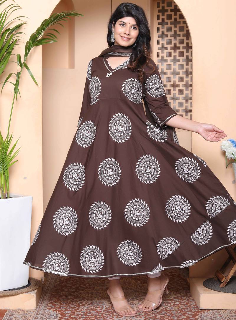 Doriyaan womens brown animal printed  anarkali kurta with dupatta set